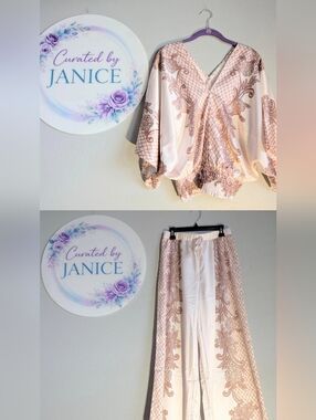Her.. Bottari | Dusty Rose & White | Satin Two-Piece Pant Set | Size M
